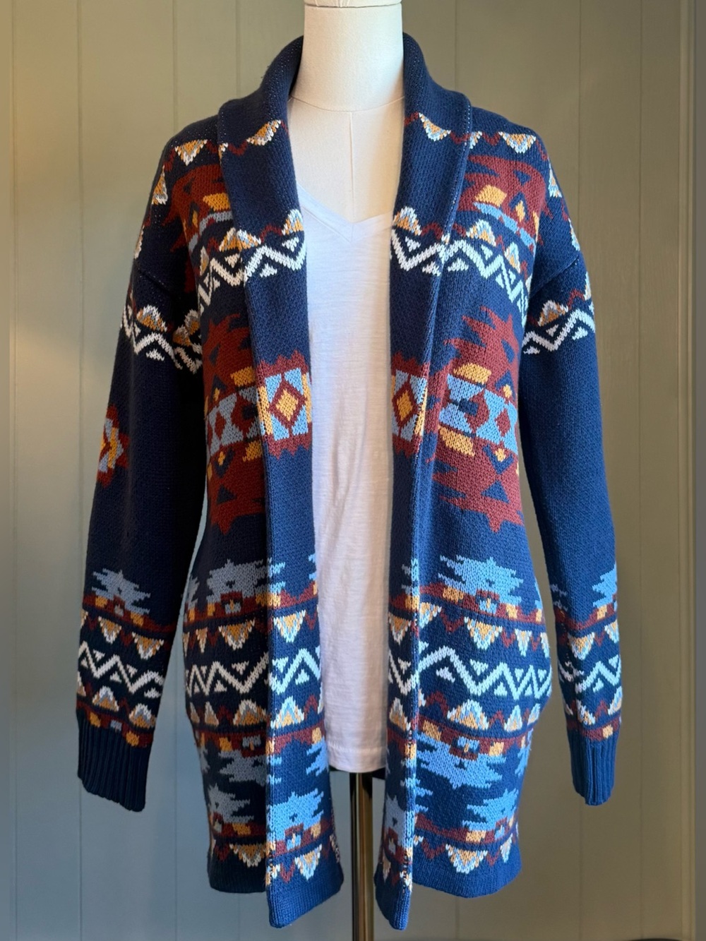 Lucky Brand Navy Aztec Open-Front Cardigan with Rust & Light Blue Accents -Sz M